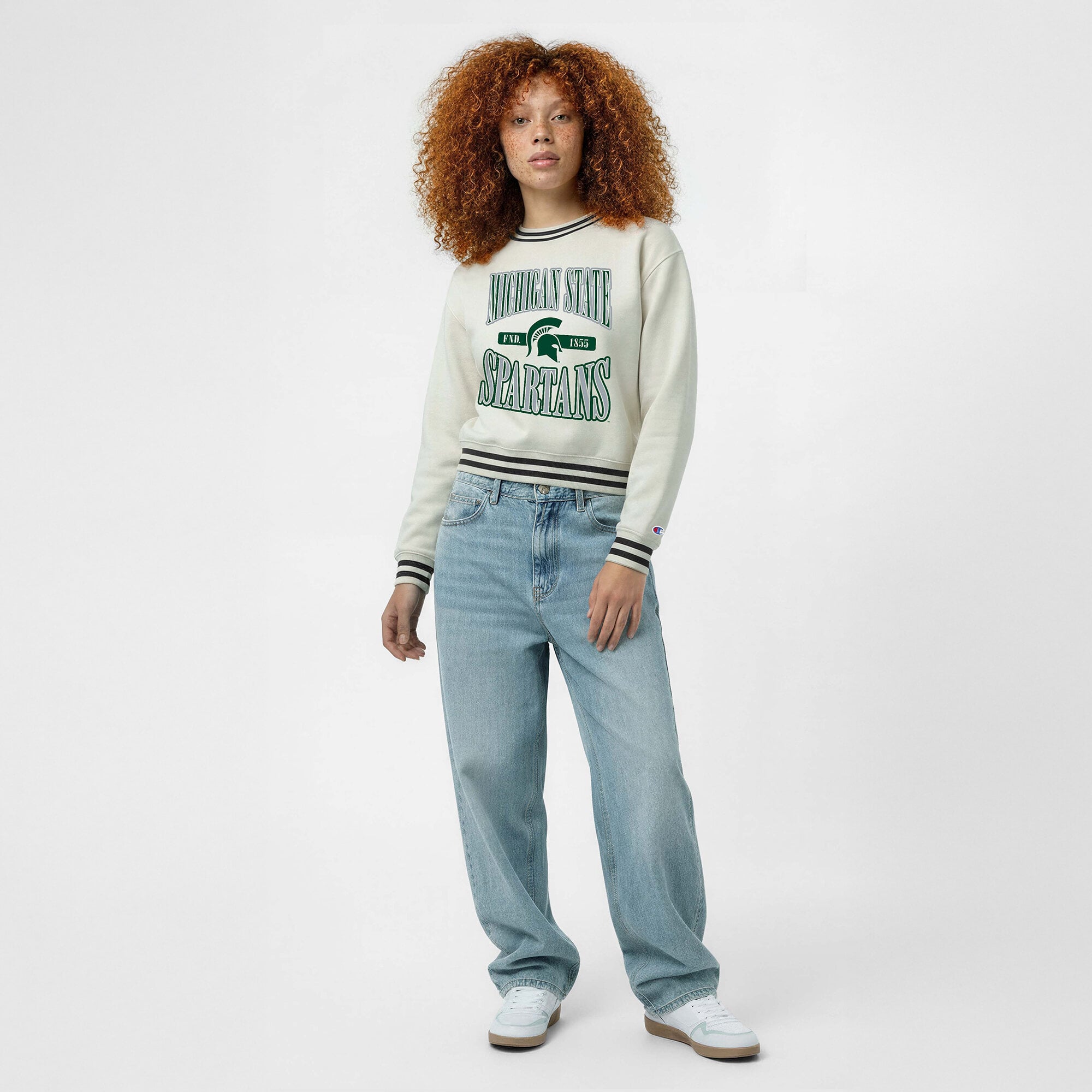 Women's Champion  White Michigan State Spartans Yarn Dye Rib Reverse Weave Crew Sweatshirt